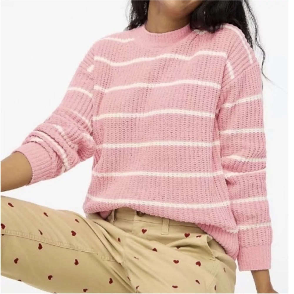 J Crew Chenille Striped Pullover Knit Sweater in Pink and White, Size Small